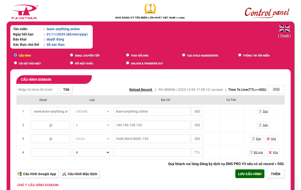 Cấu hình DNS cho trang Github Pages