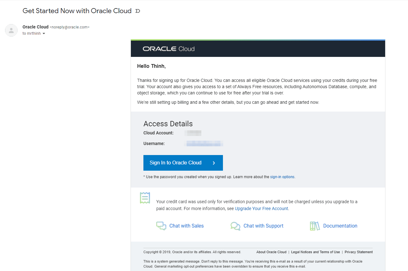 Bắt đầu trải nghiệm Oracle Cloud